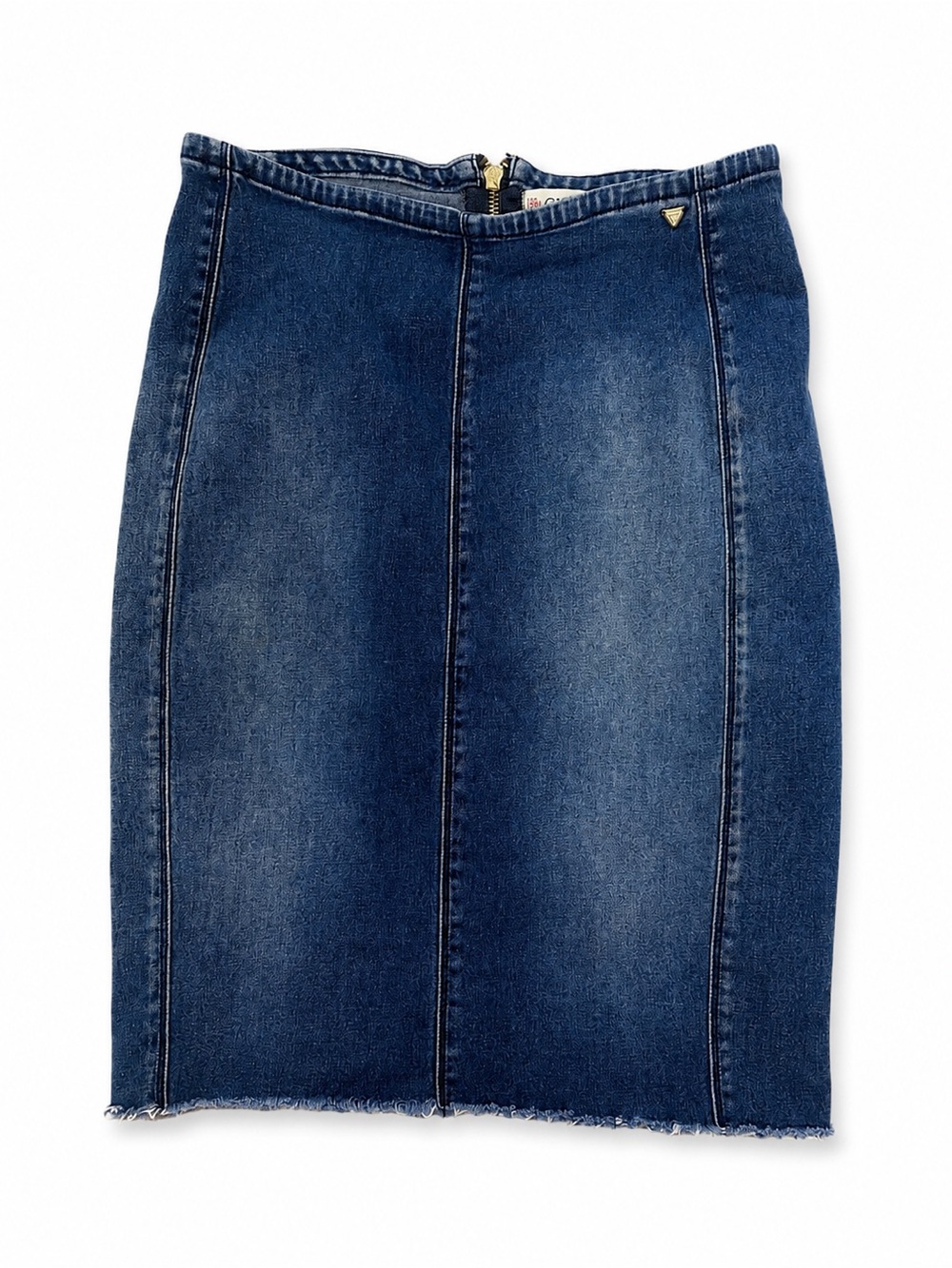 GUESS Denim Pencil Skirt, Size Medium, Distressed Hem, Gold Zip Detail